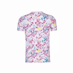 A t-shirt featuring a vibrant abstract pattern with pink, blue, yellow, and white hues, displaying a logo on the sleeve.