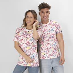 A couple models matching colourful patterned t-shirts featuring splashes of red, blue, yellow, and white.