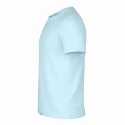 A light blue adult T-shirt displayed from the side, featuring a simple design and a small logo at the hem.
