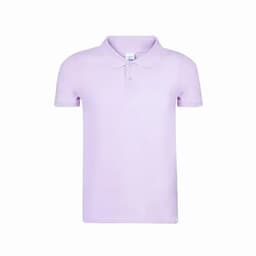 A polo shirt in a light lilac colour with a collar and short sleeves. The shirt has a label inside and features a logo.