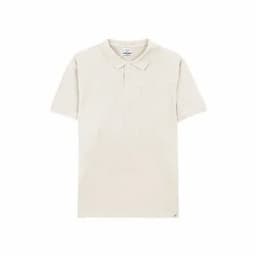 A short-sleeved polo shirt in a light beige colour, featuring a collar and a subtle texture. It has a logo on the hem.