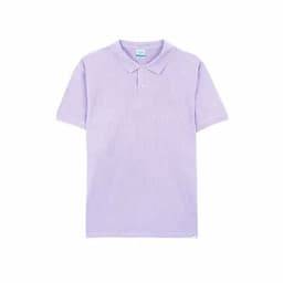 A lilac polo shirt with a collar and short sleeves, featuring a logo on the hem.