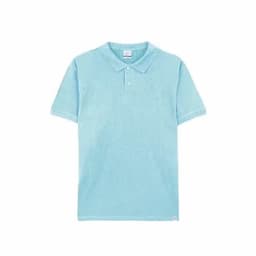 A light blue polo shirt with a classic collar and short sleeves. It features a branded logo.