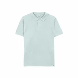 A light blue polo shirt featuring a collar and short sleeves, with a logo at the bottom.