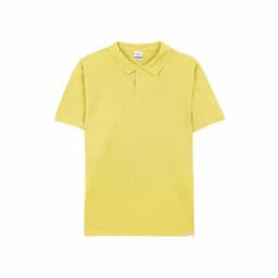A yellow polo shirt with a classic collar and short sleeves, featuring a small logo on the bottom.
