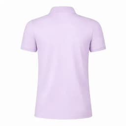A lilac polo shirt with a classic collar and short sleeves, featuring a logo on the back.
