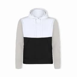 A hooded sweatshirt featuring a white upper section, grey sleeves, and a black lower section. It has a front pocket and a logo.