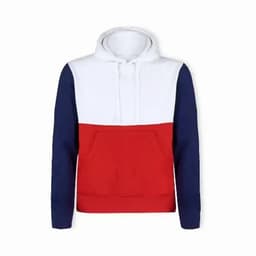 A hoodie featuring white, navy blue, and red colours, with a front pocket and drawstring hood. It has a logo.
