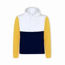 A hoodie featuring a colour block design with white, navy, and yellow sections. It has a drawstring hood.