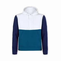 A hoodie featuring a white, teal, and navy colour block design with a front pocket and a hood.