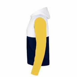A hooded sweatshirt in white, navy, and yellow with a kangaroo pocket and a logo.