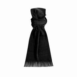 A black scarf with a textured finish and fringe detailing at the ends, featuring a simple design.
