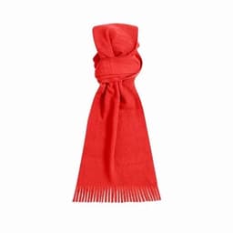 A red scarf featuring a soft texture and fringe detailing at the ends. It has a simple, elegant design.