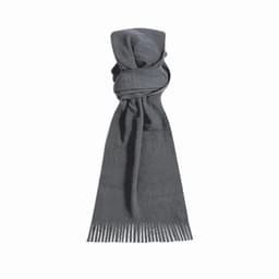 A grey scarf with fringed ends, elegantly draped in a loose knot.