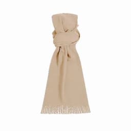 A beige scarf with fringed ends, neatly folded and knotted at the centre. It has a soft texture and is unbranded.