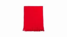 A red fringe blanket with a smooth texture, featuring decorative frayed edges along the bottom.