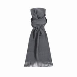 A grey scarf with a textured finish and fringed ends, featuring a soft, luxurious appearance.