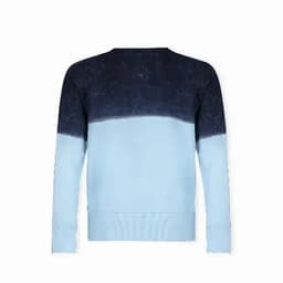 A blue jumper featuring a dark navy top section and a lighter blue lower section. It has a logo on the back.