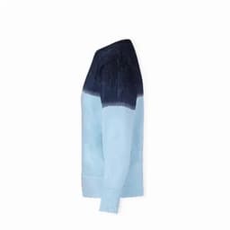 A jumper in shades of blue with a dark blue shoulder and light blue body, featuring a ribbed hem. It has a brand logo.