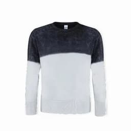 A sweatshirt featuring a grey and navy colour block design, with long sleeves and a crewneck style.