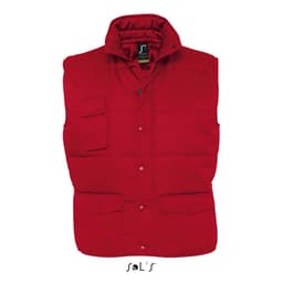 A red vest with multiple exterior pockets, featuring a high collar and button closures, with a logo present.