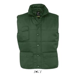 A green vest with multiple exterior pockets and a high collar, featuring a logo.