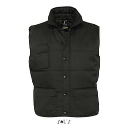 A black vest with multiple exterior pockets and a high collar, featuring a logo on the front.