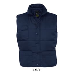 A navy blue vest with multiple exterior pockets, featuring a collar and a front snap closure. It has a logo on the interior.