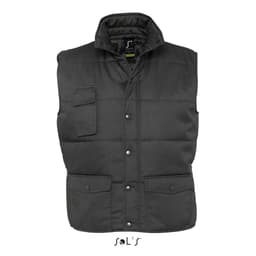 A black vest with a high collar and multiple exterior pockets, featuring a logo. 
