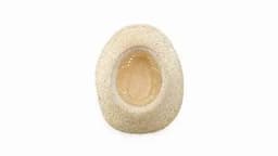 A straw hat in a light beige colour with an open crown and a textured design. It features a logo on the inside.
