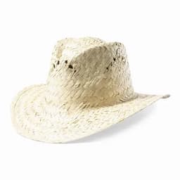 A straw cowboy hat in a light beige colour with a woven design and a curved brim.