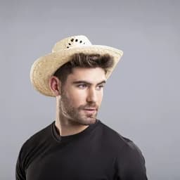A straw hat in a light natural shade with decorative holes, worn by a man in a black shirt.