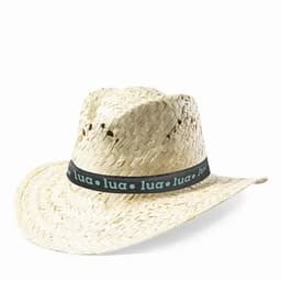 A straw hat with a wide brim and a dark band featuring a logo. The hat is light beige in colour.