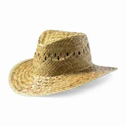 A straw hat with a wide brim, featuring a woven design in natural tones.