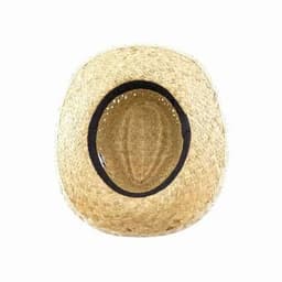 A straw hat with a wide brim and a black trim around the inside edge. The weave is light brown.