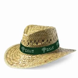 A straw hat featuring a wide brim and a green band with a logo, showcasing a natural, woven texture.