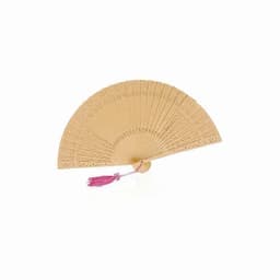 A decorative fan made of light wood with intricate cut-out designs and a pink tassel.