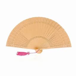 A decorative hand fan featuring intricate cut-out patterns in a natural colour, with a pink tassel attached.