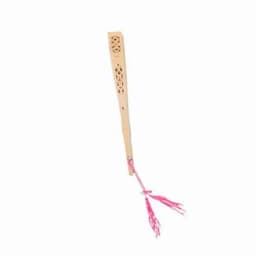 A decorative wooden drink bottle with intricate cut-outs and pink tassels. It includes a logo on the surface.