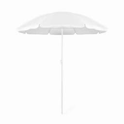 A beach umbrella in white, featuring a solid canopy and a central pole for support.