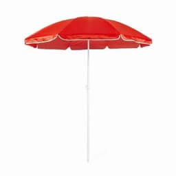 A beach umbrella in vibrant red with a white pole and trim, providing shade.