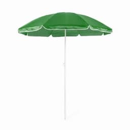A green beach umbrella with a white pole, featuring a simple design and no visible branding.