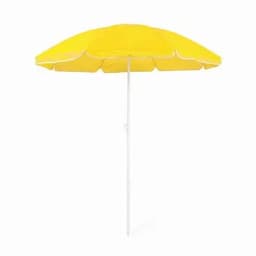 A beach umbrella in bright yellow with a white trim and a white pole, perfect for sun protection.