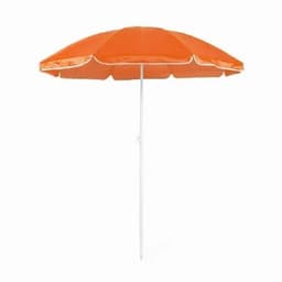 An orange beach umbrella with a white pole, featuring a simple design and sturdy structure.