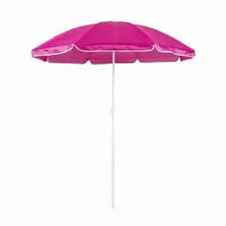 A beach umbrella in vibrant pink with a white pole, featuring a classic, rounded design.