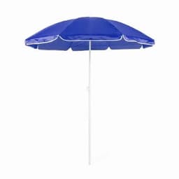 A beach umbrella with a blue canopy and a white pole, designed for outdoor shade.