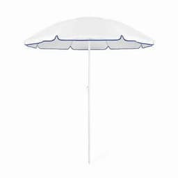 A beach umbrella with a white canopy and blue trim, featuring a white pole for support.