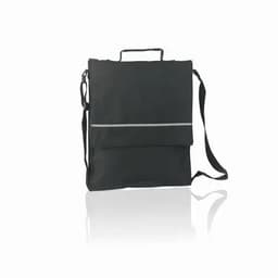 A black messenger bag with a reflective stripe and an adjustable shoulder strap. It features a handle on top.
