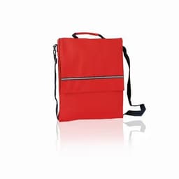A red messenger bag with a flap closure and a black adjustable shoulder strap. It features a reflective stripe.