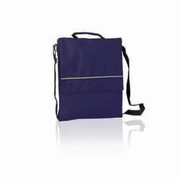 A drink bottle in a deep purple colour with a shoulder strap and a front zip pocket. It features a logo.